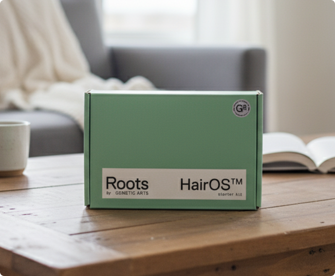 Roots HairOS DNA Test Kit on wooden table